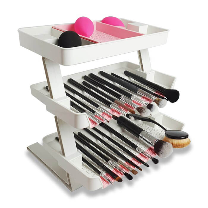 RIVANLI brush drying rack for makeup brushes and sponges. 3 trays to hold brushes and sponges.
