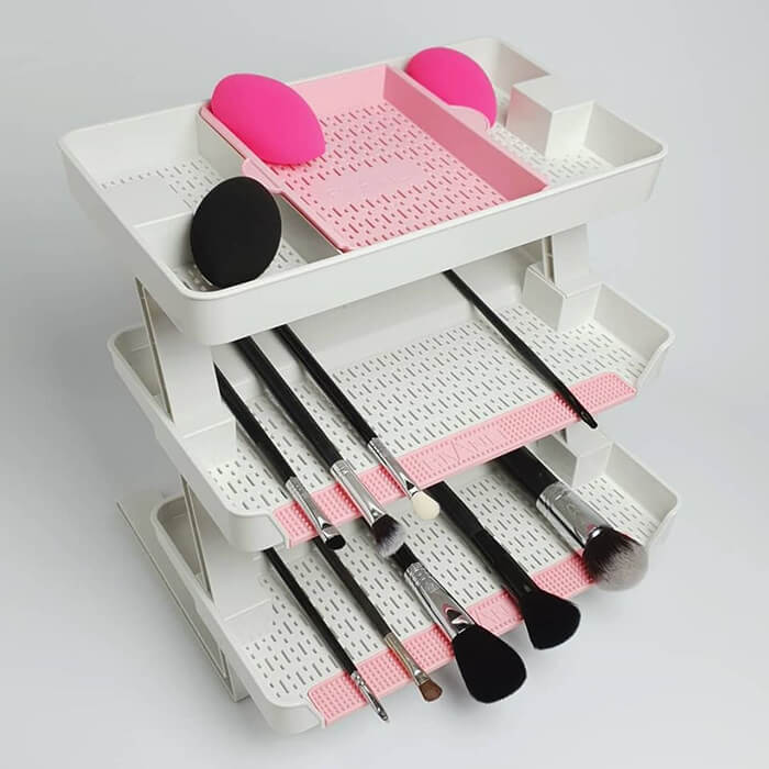 28 Hole Makeup Brush Drying Rack with Mat, Collapsible Makeup Brush Holder  with Silicone Mat, Brush Dryer Stand, Make Up Organizer for Vanity